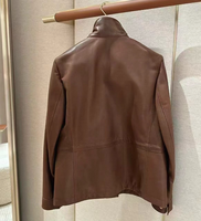 Maßgefertigte Schafslederjacke für Damen mit Stehkragen, Midi-Länge, Echtes Leder, Herbstjacke mit Taschen