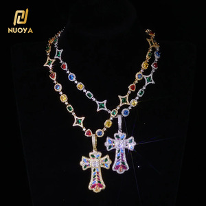 Collier avec pendentif croix coloré serti de diamants NUOYA, plaqué or, grand diamant baguette CZ, design de charme personnalisé, bijoux hip hop - Product Image 1
