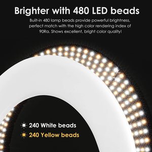 Tianmei – Anneau lumineux 18 <span class=keywords><strong>pouces</strong></span> à <span class=keywords><strong>prix</strong></span> réduit, mode tactile, miroir 45 cm, interrupteur à distance, 480 LED bicolores 3200K-6500K, 3 supports pour téléphone, ABS+PC - Product Image 3