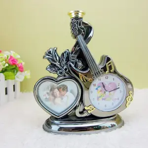 Nickel Finishes guitar heart shape Desk Top Table Clock with stand Office Unique for Father/Mother