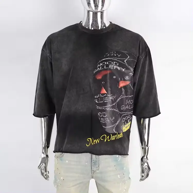 Manufacturer cut raw hem acid wash tee sun faded dtg t-shirt oversize cropped heavyweight boxy fit t shirt men