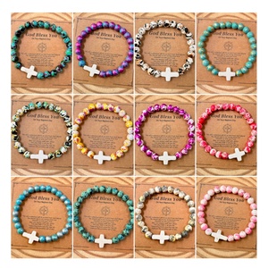 Accessoires de mode Multicolore 8mm Pierre Perle Religion <span class=keywords><strong>Jésus</strong></span> Croix Bracelet extensible pour la prière chrétienne et la méditation - Product Image 1