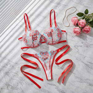Women's Floral Embroidery Sheer Mesh <b>Bra</b> and Tie Side Thong <b>Set</b> Underwire Lace Womens Intimates French Style <b>Sexy</b> Underwear <b>Set</b> - Product Image 5