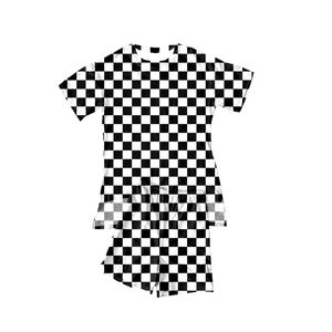 GSSO3147 Ensemble décontracté pour enfants en gros, imprimé à carreaux rouge foncé et blanc, manches courtes, en laine peignée, pour petite fille active - Product Image 2