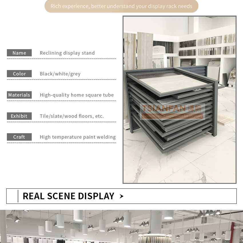 New design custom granite showroom design Inclined sliding slab Artificial marbles shelf stone tile display rack