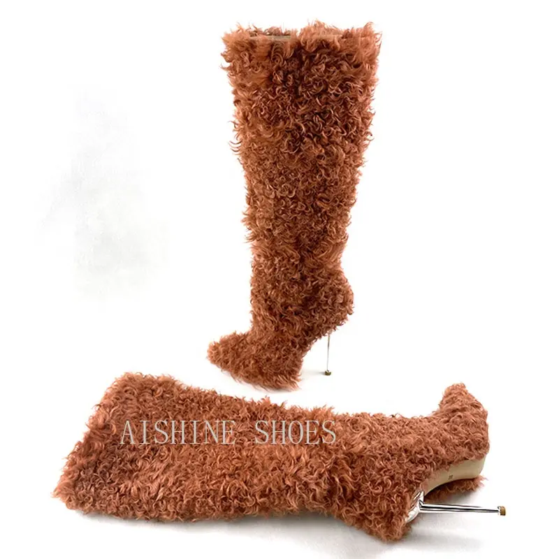 AB099MH Fashion Fur Knee high Boots for Women Pointed Toe High Heels Large Size Winter Boots