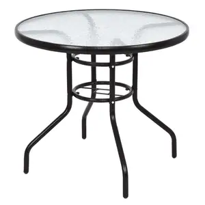 屋外80cmラウンドダイニングテーブル強化ガラストップスチールフレームビストロコーヒーエンドサイドテーブルガーデンパラソル穴付き