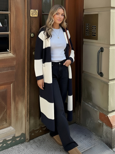 Quality Black White Striped <strong>Longline</strong> Cardigan for Daily Travel for Office Wear Trendy Open Front Knitted Outwear <strong>Jumper</strong> - Product Image 2