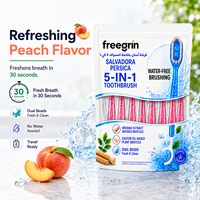 Mini brosse à dents jetable 5 en 1 |   Brosses à dents Miswak |   Distributeur de dentifrice intégré, brossette à dents, gratte-langue |   Kit de soins bucco-dentaires de voyage