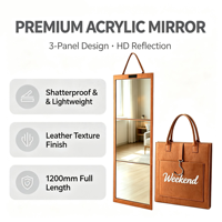 Miroir sur pied pliable en acrylique, avec sac de rangement en tissu, miroir à suspendre pour dortoir, appartement, chambre à coucher