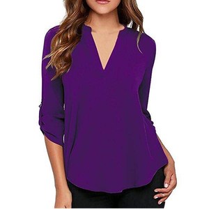 Chemise à manches pliées solides, ample, grande taille <span class=keywords><strong>5XL</strong></span>, manches courtes, en mousseline de soie, chemisiers pour femmes, hauts, sexy, col en V, chemisier décontracté - Product Image 6