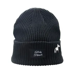 Custom Logo Sewing Patch Black Cuff Beanie Wholesale Embroidery Acrylic Knitted Winter Hat Skull Cap