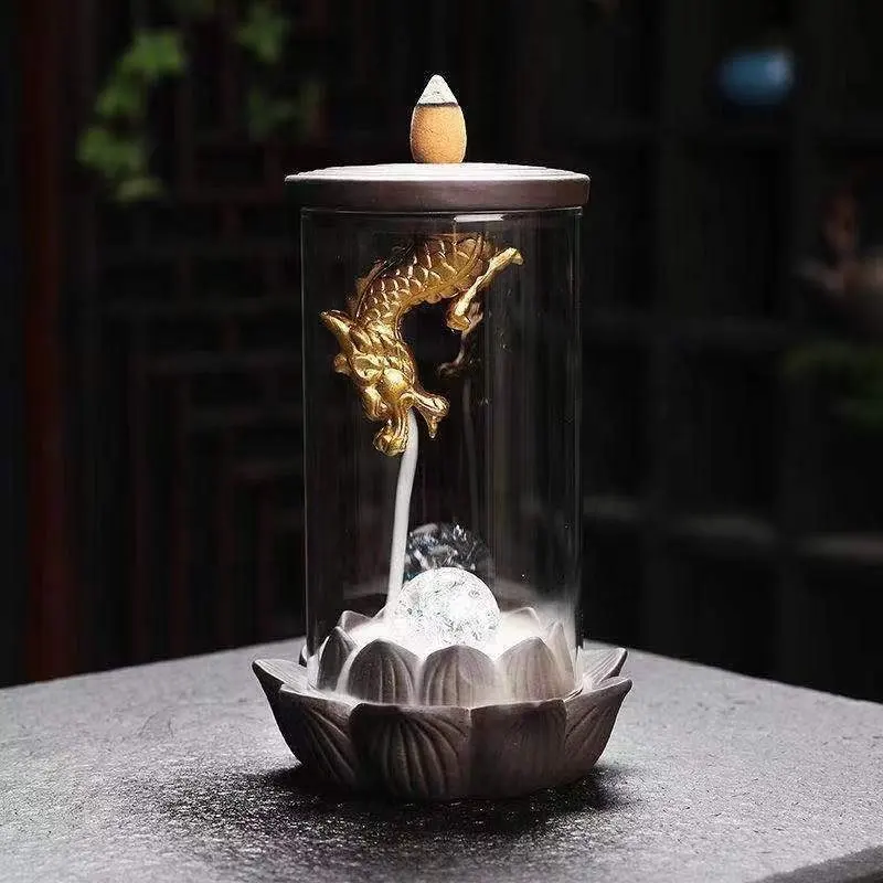 Creative Windproof LED Lamp Incense Cone Holder Acrylic Cover Aromatherapy Ornament Waterfall Back Flow Incense Holder