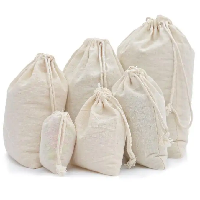 Natürliche wieder verwendbare Musselin-Baumwoll taschen mit Kordel zug Produzieren Sie Taschen Bulk-Geschenk Schmuck beutel Baumwolle Double Draw string Bags