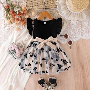 Vestito Estivo Elegante per <span class=keywords><strong>Bambina</strong></span> 0-3 Anni, Nuovo Design con Collo Tondo, Maniche a Volant e Fiocco, in Rete Cucita - Product Image 1