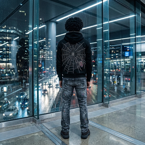 <span class=keywords><strong>Felpa</strong></span> con Cappuccio e <span class=keywords><strong>Zip</strong></span> Integrale Y2K <span class=keywords><strong>Oversize</strong></span> da Uomo, Personalizzata con Stampa in Rilievo, Ricamo di Ragnatela con Strass, in Cotone - Product Image 3