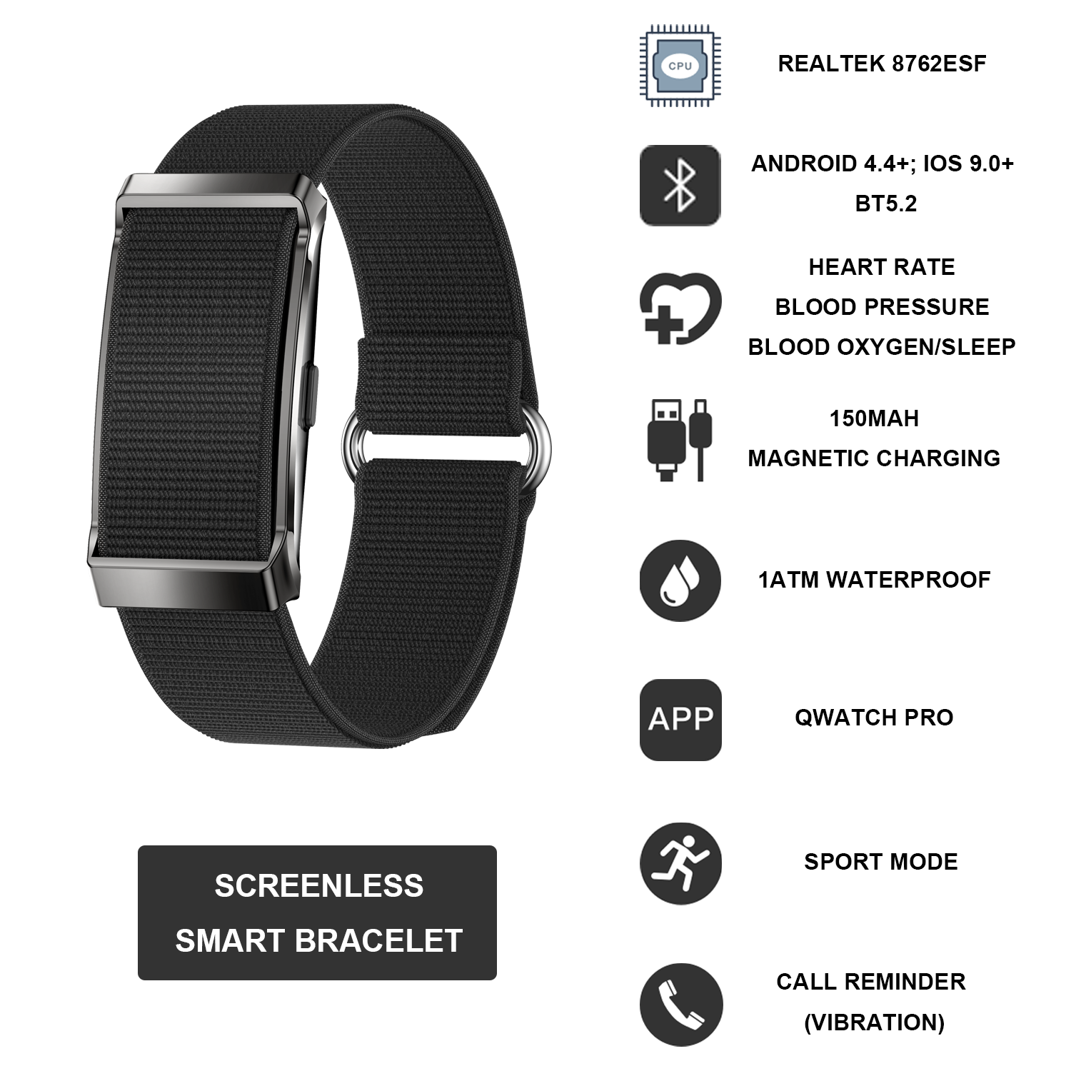 DS10 Screenless Smart Band <strong>Watch</strong> <strong>App</strong> Control Fitness Tracking Heart Rate Monitor 1ATM Waterproof Magnetic 30 Days Battery Life