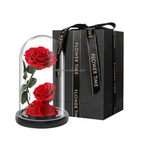 Fleurs roses éternelles Roses naturelles fraîches conservées Dôme en verre LED pour la fête des mères Saint Valentin Style romantique pour les festivals