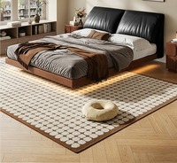 Mid-Century Modern Doppelbett mit Kopfteil und Stauraum, Massivholzrahmen, Schwarzes Leder-Polsterbett mit Hydraulischer Hebevorrichtung und Schublade