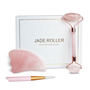 3 in 1 With Brush Cuarzo Rosa Natural Rose Quartz Guasha Stone Private Label Jade Roller <strong>Gua</strong> <strong>Sha</strong> <strong>Set</strong> Slimming Face Massage Tool - Product Image 1