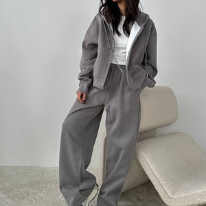 Ensemble de survêtement gris en polaire à capuche pour femme, coupe ample, pantalon large, manches longues, décontracté, toutes saisons, ensemble 2 pièces - Product Image 1