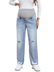 Pantalones vaqueros de maternidad, pantalones vaqueros de maternidad ajustados con inserción lateral desgastada azul para mujeres embarazadas de talla grande - Product Image 2