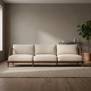Scandinavian Mikkeli White 3-Seater Sofa Solid Mindi Wood Frame Rattan Open Weaving Fabric Foam Cushion Living Room Hotel - Product Image 4
