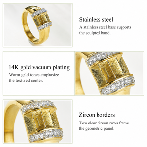 Textured Geometric <b>Ring</b> <b>Stainless</b> <b>Steel</b> 14K Gold Vacuum Plated Band with Rectangular Panel and Clear Zircon Borders - Product Image 4