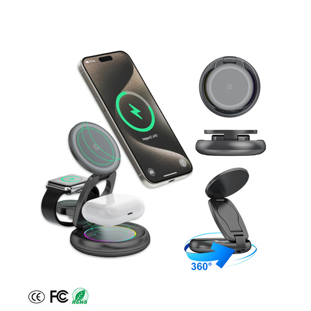 360° Rotatable 15W  Wireless Charger 3 in 1 Foldable Magnetic Stand Fast Charging Desktop Stand for iPhone Durable