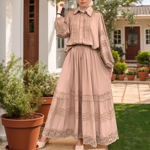 Middle East Muslim Women's Lace Splicing <b>Bubble</b> Sleeve <b>Top</b> Hem Hem Skirt 2 Piece Set Fashion - Product Image 3
