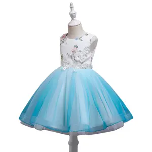 天蓝色花朵孩子礼服派对穿连衣裙的女孩缎面面料无袖6岁女童连衣裙假日