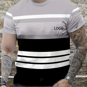 Camiseta de Manga Corta Casual de Verano para Hombre con Cuello con Patrón de Rayas en Contraste de Color, Tejido de Rizo Estampado, 100% Algodón, Secado Rápido - Product Image 2