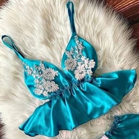 Ensemble pyjama en Satin pour femme, vêtement de nuit, haut à motif floral et dentelle, style tentation, nouvelle collection