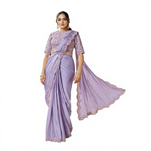 <b>Purple</b> Silk <b>Saree</b> With Embroidered Border For Wedding Elegant Women Floor Length Regular Fit India Pakistan Style - Product Image 1