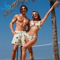 Ensemble de maillots de bain assortis pour couple, imprimé palmiers, bikini avec anneau en O pour femme et short de bain à séchage rapide pour homme, maillot de bain de plage