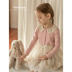 YOEHYAUL Lace Lapel Bottoming Long Sleeve T Shirt For Girls Kids Sweet Cute Ribbed Young Girls Baby Shirt Blouse Design