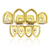 BES Mode Creux Quatre Dents En Laiton Corps Bijoux Plaqué Or Zircon Grilles pour Fiançailles Anniversaire Fêtes Hip Hop Style