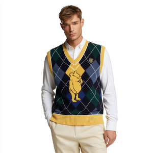 Gilet en tricot pour homme à motif losanges et intarsia ours de dessin animé, col en V, style preppy, vert marine - Product Image 4