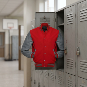 <b>Men's</b> Red Varsity <b>Jacket</b> With Gray PU Sleeves Turn-down Collar Button Closure Casual Autumn Wear - Product Image 1