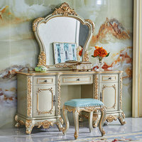 Coiffeuse de luxe en chêne massif de style européen, avec finitions dorées, sculptée haut de gamme, pour chambre de princesse, et ensemble chaise de maquillage