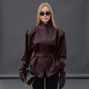 Chaqueta Bluson de Cuero Sintético para Mujer con Cuello Asimétrico, Cinturón y Manga Abullonada, Color Sólido, Manga Larga para Otoño - Product Image 2