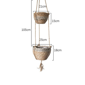 Pots de fleurs suspendus d'extérieur, paniers en algues marines naturelles, pots de plantes d'intérieur, paniers à fleurs suspendus tissés gris et beiges. - Product Image 4