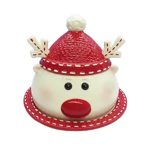 Alboroto renos Navidad cerámica mantequilla plato 4 "plato de porcelana roja