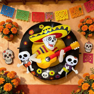 Decoración de Pared Inflable de 4 Pies con Esqueleto de Mariachi del Día de Muertos y Pequeños Calaveras con Luces LED - Product Image 1