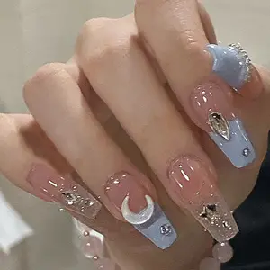 Lastrose vente en gros bleu long fait à la main luxe presse sur les ongles avec strass ongles artificiels