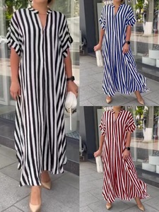 Nuevo Vestido <span class=keywords><strong>de</strong></span> Verano a Rayas con Cuello en V y Manga Corta para <span class=keywords><strong>Mujer</strong></span>, Vestido Largo Informal y Holgado para Vacaciones - Product Image 1