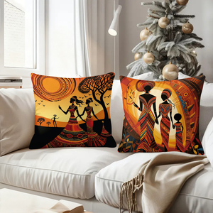 Bantal hias seni suku Afrika yang menampilkan pemandangan matahari dan bulan yang berwarna-warni serta siluet budaya. - Product Image 4