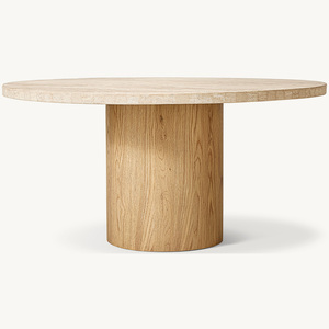 Table à manger ronde en <span class=keywords><strong>bois</strong></span> massif de style américain personnalisée Rhoohill, table à manger moderne de luxe avec plateau en travertin - Product Image 2