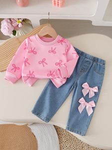 <span class=keywords><strong>Abbigliamento</strong></span> per Bambini Nuova Collezione Primavera/Estate, Set Due Pezzi con Top a Collo Tondo e Jeans con Fiocco, Vendita all'Ingrosso per <span class=keywords><strong>Abbigliamento</strong></span> <span class=keywords><strong>Bambina</strong></span> - Product Image 1