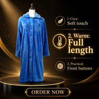 Peignoir super doux 100 % polyester pour femme, col en V, fermeture éclair, en flanelle bleue, confortable, en polaire corail bleu roi, longue tenue de nuit